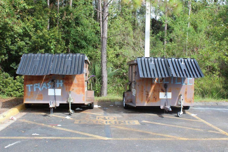 Newly marked trash and recycle bins located at The Flats. 