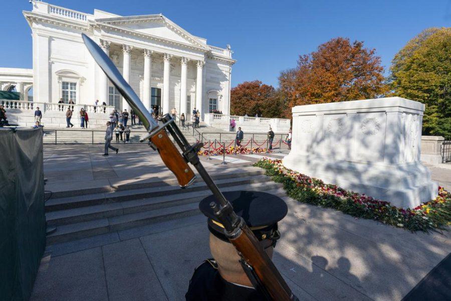 A tomb guard of the 3rd U.S. Infantry Regiment, known as The Old Guard, stands during a centennial commemoration event at the Tomb of the Unknown Soldier, in Arlington National Cemetery, Wednesday, Nov. 10, 2021, in Arlington, Va. (AP Photo/Alex Brandon, Pool)