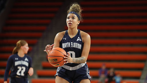 UNF guard Jaida Bond shoots a free throw against Auburn on Tuesday. (Photo by Dawson Powers)