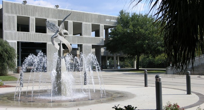 Shot of the front of the University of North Florida entrance and fountain. Courtesy of the UNF Athletics website.