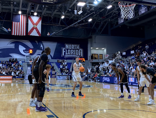 UNF forward Carter Hendricksen shoots a free throw during the second half of Saturday’s matchup against Lipscomb.