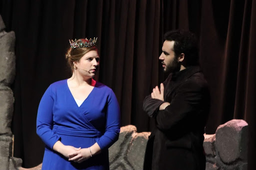 Christina Brennan as Queen Gertrude and Jack Beard as Hamlet in UNF Shakespeare’s production of Hamlet.