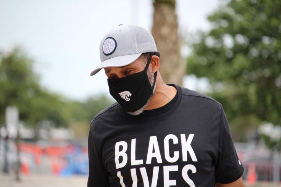 An unidentified man wears a Black Lives Matter shirt at a BLM protest in downtown Jacksonville.