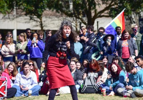 Sister Cindy preaches to a crowd of students on the University of North Florida Green Valentine’s Day afternoon in Jacksonville, Florida, Monday, Feb. 14.