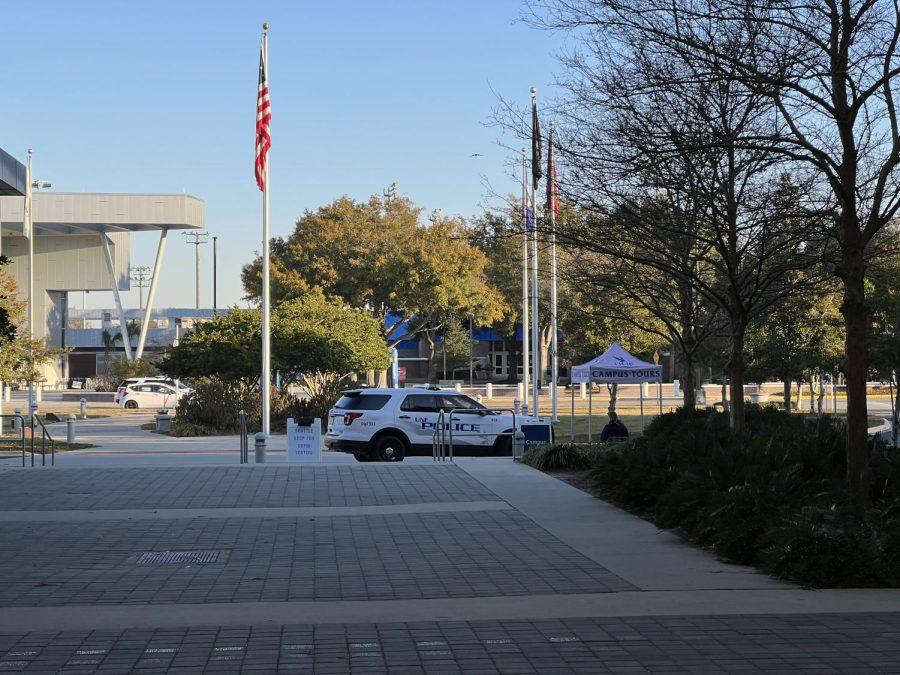 A University Police Department squad car sits in the loop outside the UNF Student Union Tuesday morning.