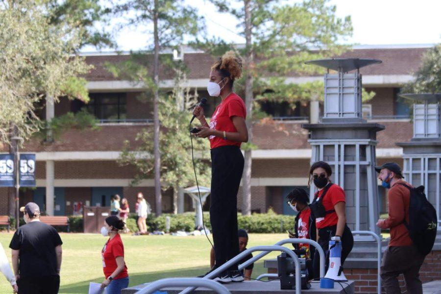 SDS member speaks to the crowd on the University of North Florida Green in Jacksonville, Florida, Wednesday, Feb. 16.