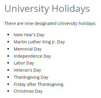 List of holidays that UNF celebrates, courtesy of UNF Human Resources.