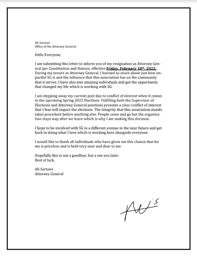 Ali Sartawi’s resignation letter.