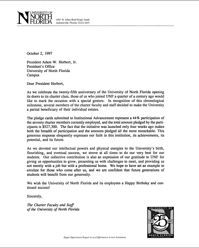 The letter written in 1997 by Adam W. Herbert, then-University of North Florida president, to reflect on their 25 year anniversary and some advice for future recipients. Courtesy of UNF. 