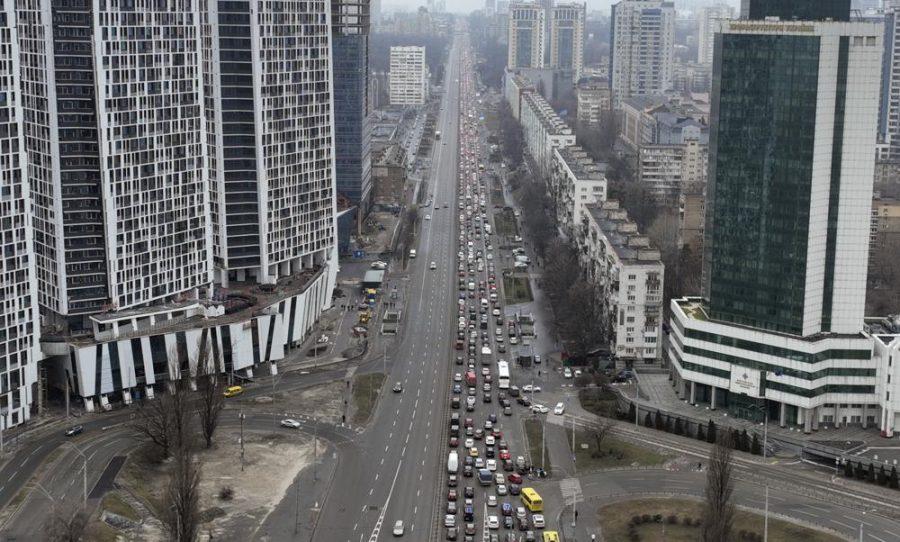 Traffic jams are seen as people leave the city of Kyiv, Ukraine