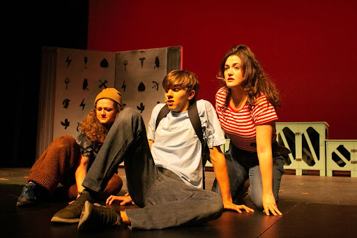 Percy Jackson (Zachary Coughlin, center) and his friends Annabeth Chase (Elizabeth Kelley, right) and Grover (Hannah Holley, left).