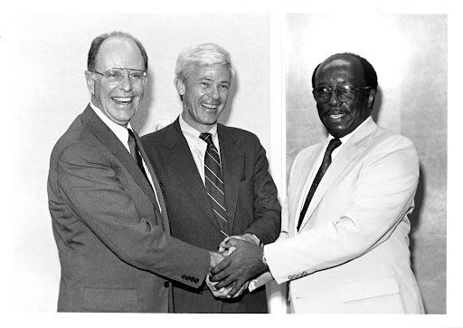 Frederick Schultz (left) poses for a photo with former president Curtis McCray (center) and Andrew A. Robinson Jr. (right), courtesy of UNF Digital Commons.