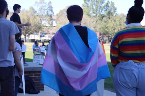With a transgender flag atop their shoulders, this UNF student participates in a protest speaking out against anti-LGBTQ legislation