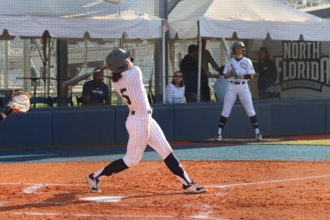 Shannon Glover #5 up to bat against Bucknell at UNF Softball Complex on March 16, 2022 iin Jacksonville, Florida.