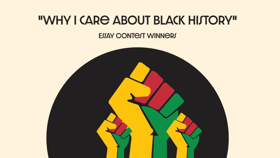 The words Why I care about Black History contest winners above an image of three yellow, red, and green fists in a black circle.