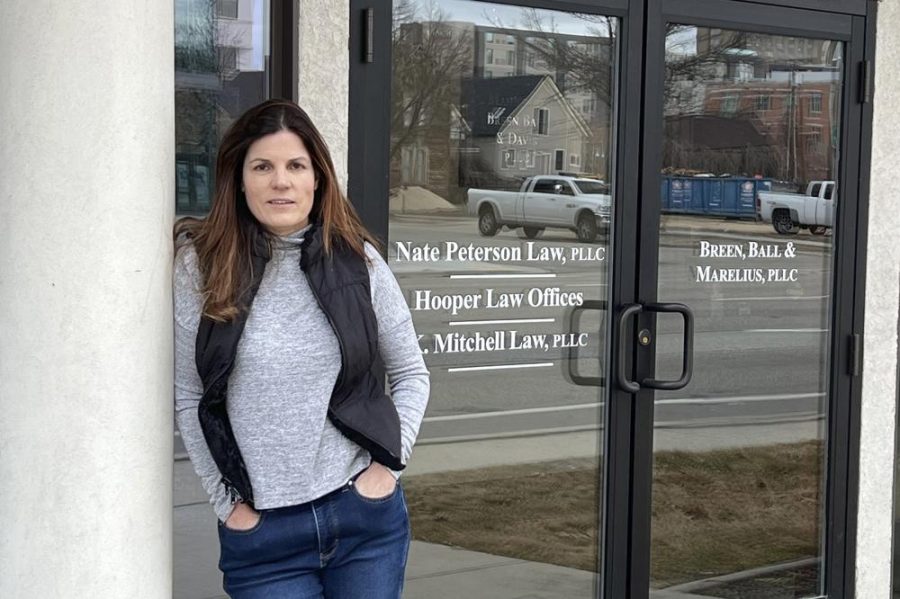 Erin Carver stands outside her attorney's office in Boise, Idaho