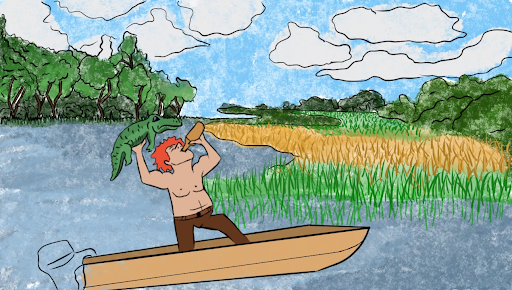 Drawing of a man drinking beer in one hand and holding an alligator in the other while standing in a boat floating in a swamp.