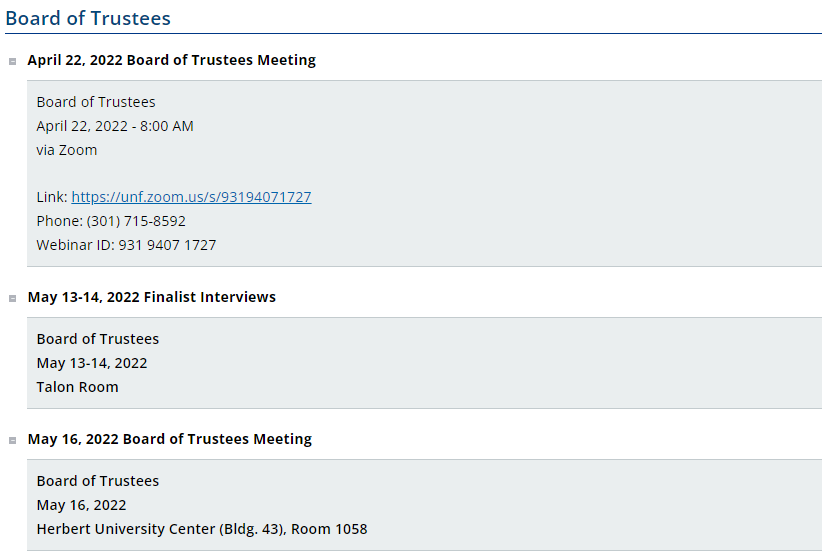 The current University of North Florida Board of Trustee meetings as shown on the university presidential search committee website. Screenshot taken on Wednesday, April 27, 2022. 