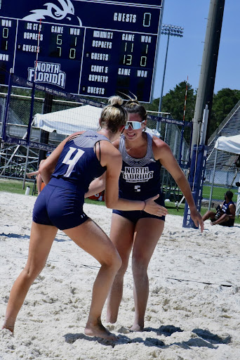 While things didn’t go UNF’s way throughout the weekend, smiles were still present between teammates Julianna Askew (5) and Zoe Cahill (4) celebrating a point.