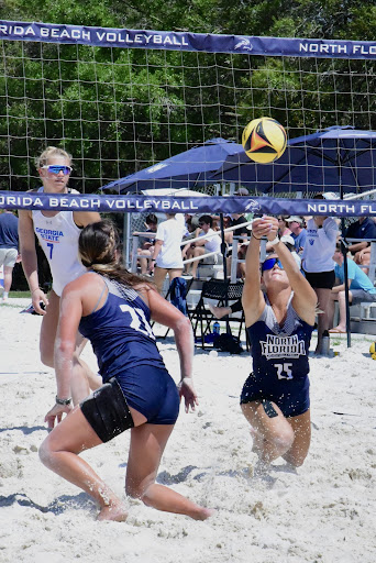 Things don’t always go according to plan, as seen here with UNF’s Chantel McMilan and Madeline Camp scrambling to avoid giving up a point.