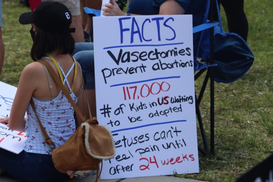 A protestor holds up a sign “The People’s Abortion Rally” for abortion rights in front of the Duval County Courthouse