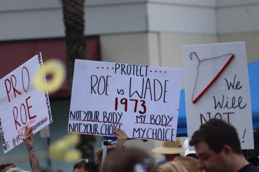 Protestors hold signs during “The People’s Abortion Rally” for abortion rights in front of the Duval County Courthouse