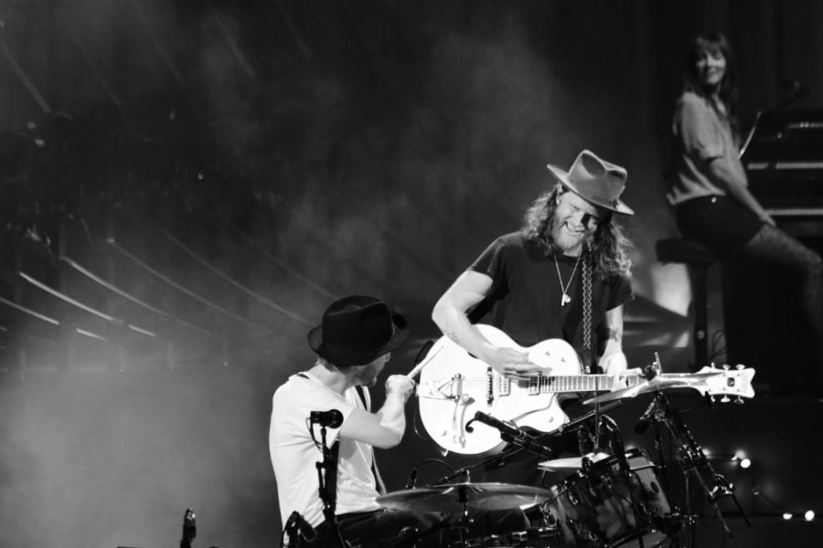 Wesley Schultz, lead singer of The Lumineers, and Drummer Jeremiah Fraites sharing a moment on the stage