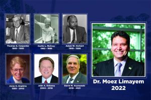 The University of North Floridas prior president headshots are shown on the left next to president-elect Dr. Moez Limayem on the right.