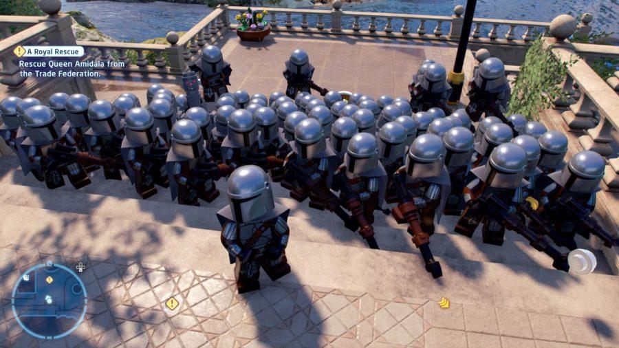 One of the game’s more famous but not inherently annoying bugs is the duplication glitch that allows several duplicates of the character player, seen above with the army of the Mandalorian from the titular show.