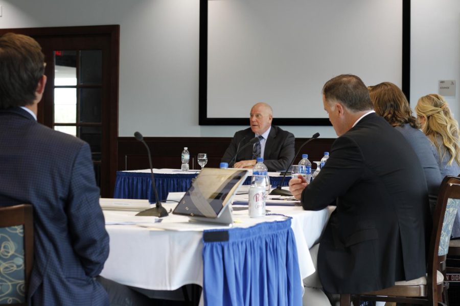 University of North Florida Board of Trustee members listen to David Blackwell as he discusses his vision for the university’s future during his final interview on Friday, May 13, 2022. 