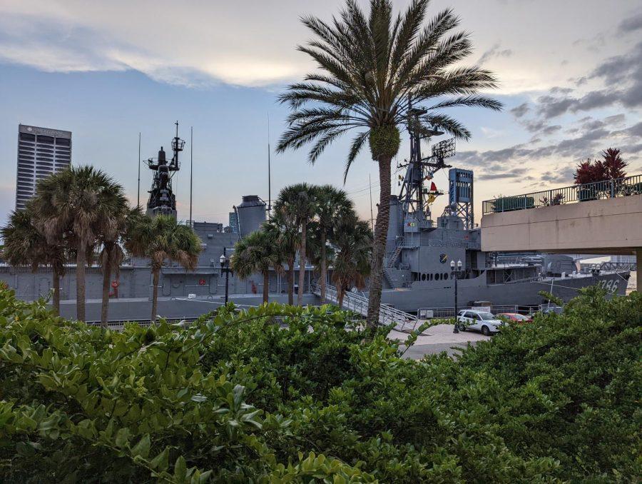 The USS Orleck is moored off the shoreline in downtown Jacksonville.