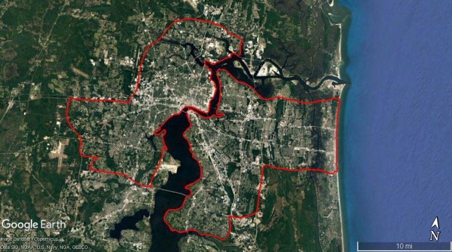 Outline of the Jacksonville area that will be mapped to create a heat map of the city.
