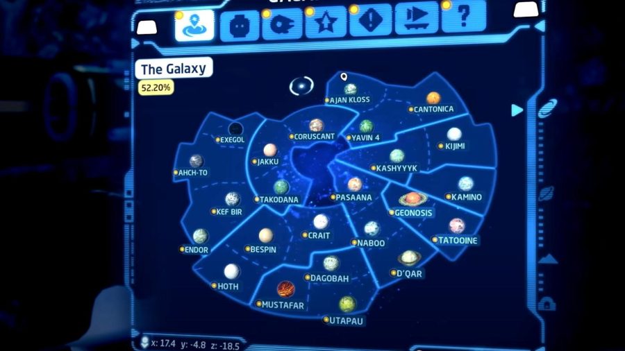 The galaxy map from the game, showing all the planets in the open-world.