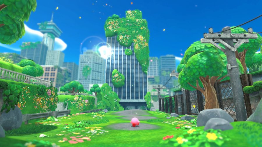 Kirby walking into an overgrown city in the first level