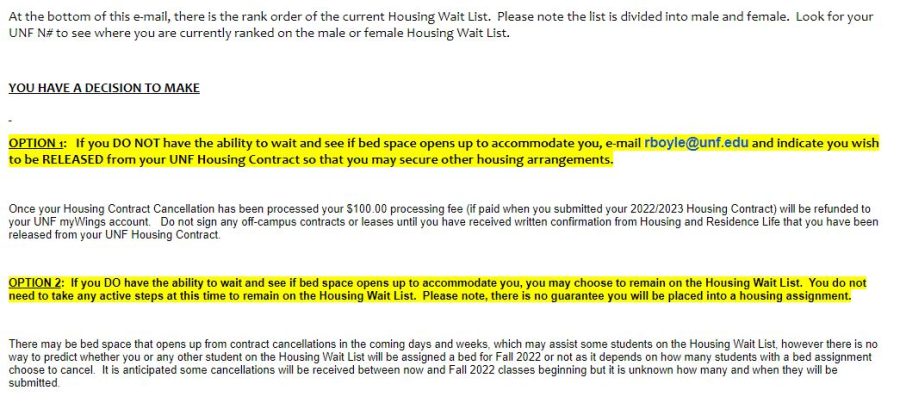 A screenshot of a waitlist email, obtained by Spinnaker, sent by Housing to a student that has asked to remain anonymous. Highlighted in yellow, the email details the two options the student has.