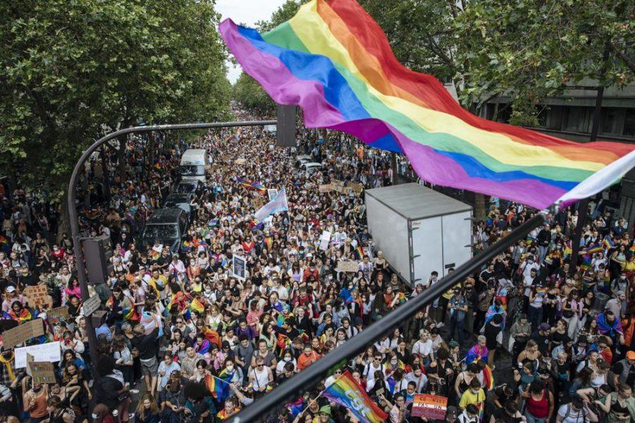 Crowds are seen at the annual Gay Pride march in Paris, Saturday, June 26, 2021