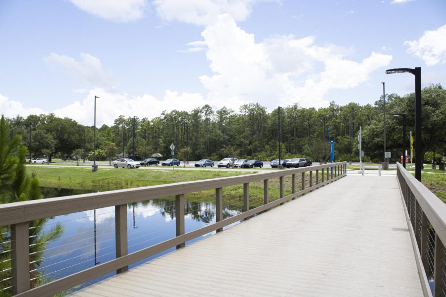 Cars are parked in a parking lot on the other side of the boardwalk which crosses over a small pond below