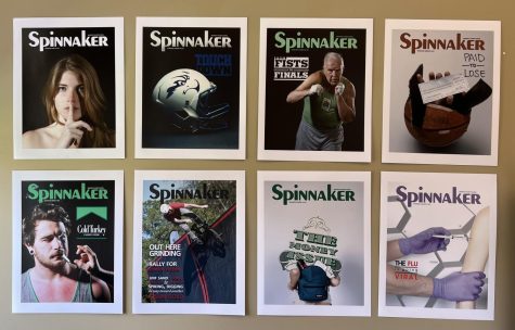 Eight portrait photos of Spinnaker magazine covers