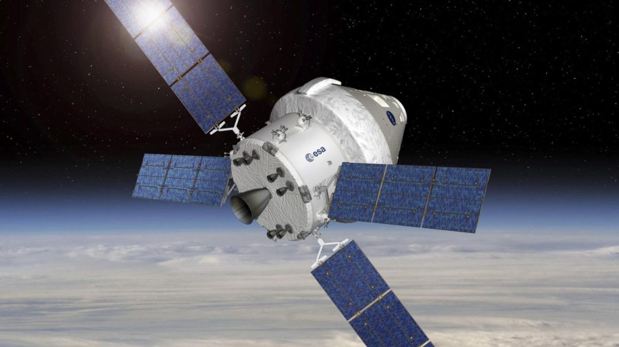 This rendering shows the NASA-built CM attached to the ESA-built ESM in orbit around the Earth