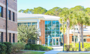 A brick building spans the left side of the image, and a brick and glass building sits in the center, surrounded by grass and palm trees.