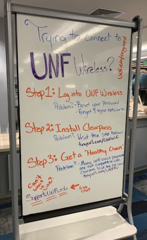 A whiteboard reads "Trying to connect to UNF Wireless?" with three steps for how to download ClearPass OnGuard