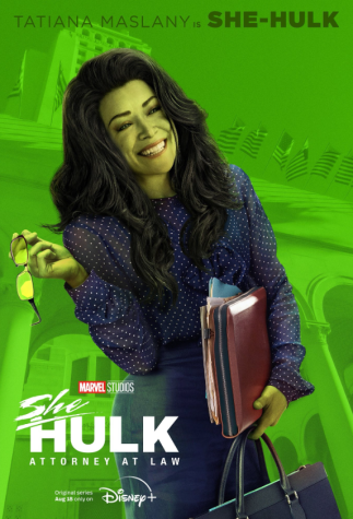 A She-Hulk poster where She-Hulk smiles holding books and her glasses