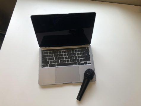 A laptop and a microphone on a table
