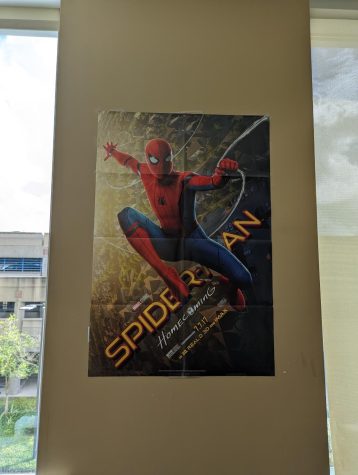 A spider man poster hangs on the next to a window