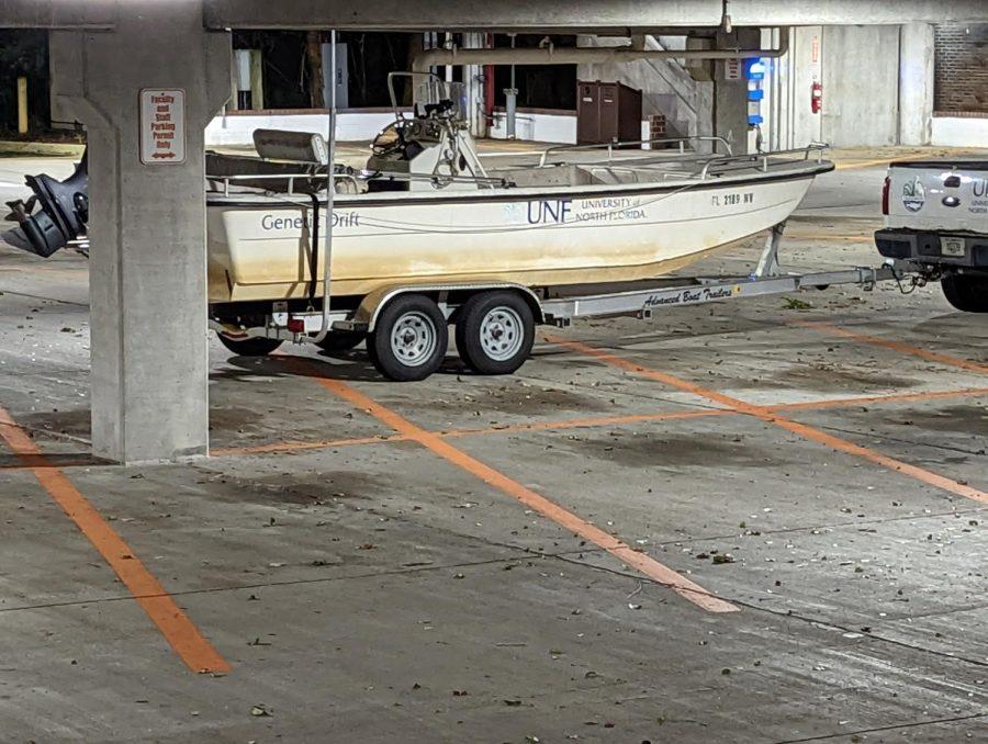 A UNF boat was parked in the parking garage to protect it from Hurricane Ian