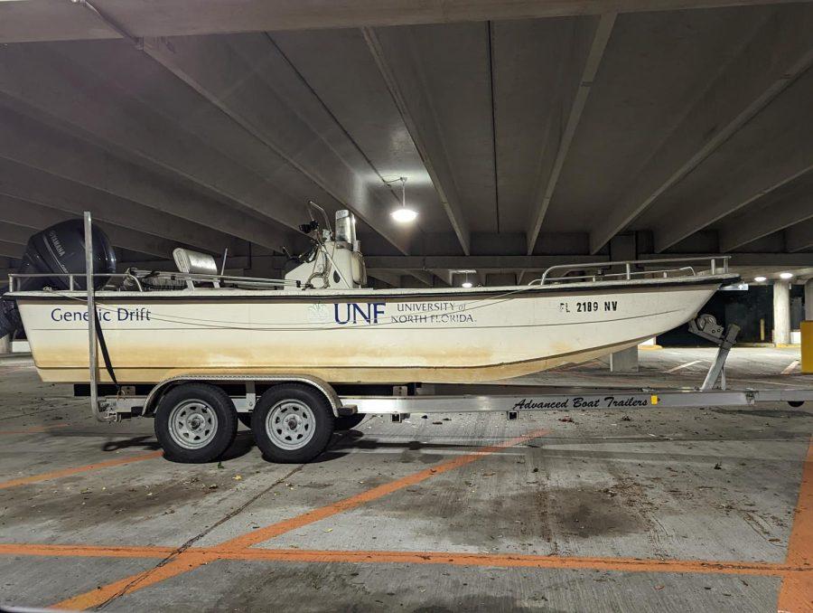 A UNF boat was parked in the parking garage to protect it from Hurricane Ian