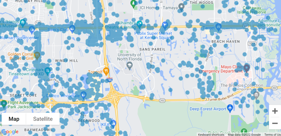 A Google Maps image showing Wi-Fi hotspot locations surrounding UNF
