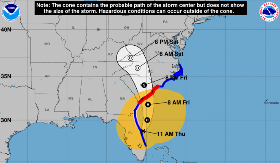 Coastal Watches/Warnings and Forecast Cone for Storm Center as of 1 p.m. Thursday