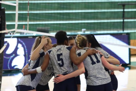 Volleyball players huddle together.