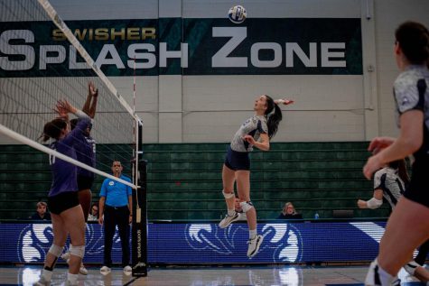 Volleyball player prepares to spike ball over the net